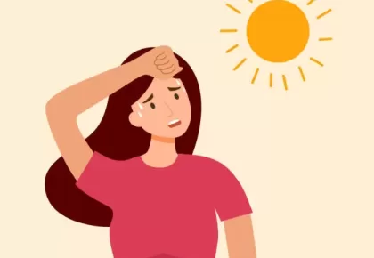 Woman suffering from heat and sweaty dehydration from strong sunlight in flat design. Hot climate in summer.